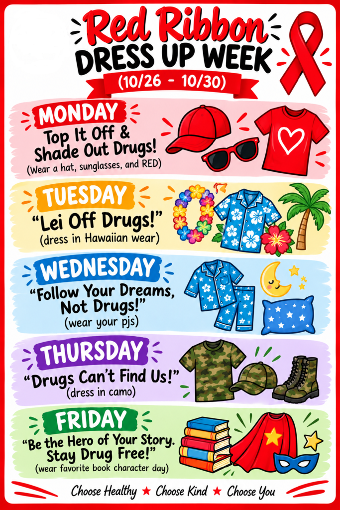 Upcoming Event to Floresville ECC. Please mark your calendars for Red Ribbon Dress-Up Week at ECC from October 26- October 30, 2026.