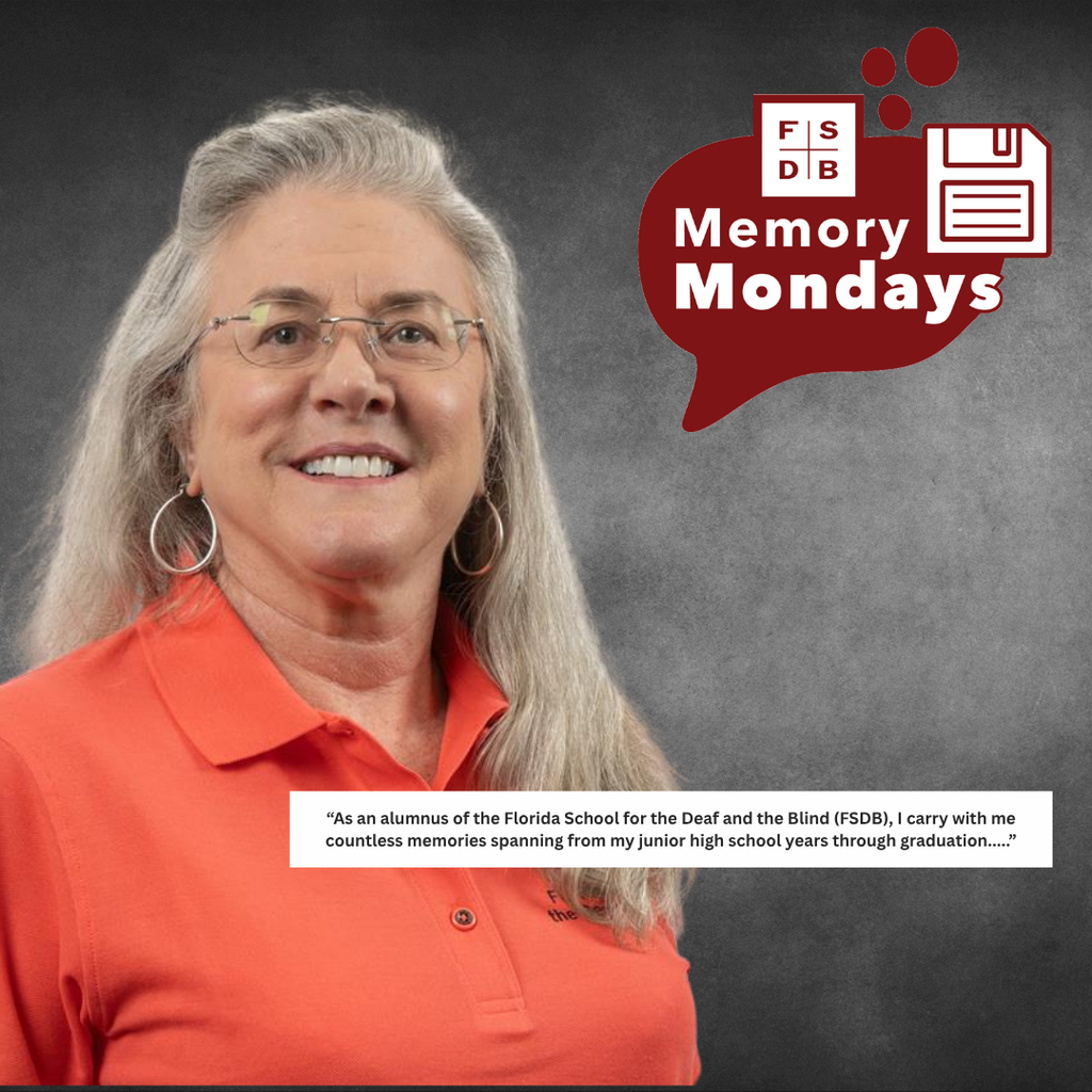 Mel is wearing a red collar shirt smiling for the photo in front of a light black background. On the bottom is a white text box with a quote that says "As an alumnus of the Florida School for the Deaf and Blind (FSDB), I carry with me countless memories spanning from my junior high school years through graduation..."