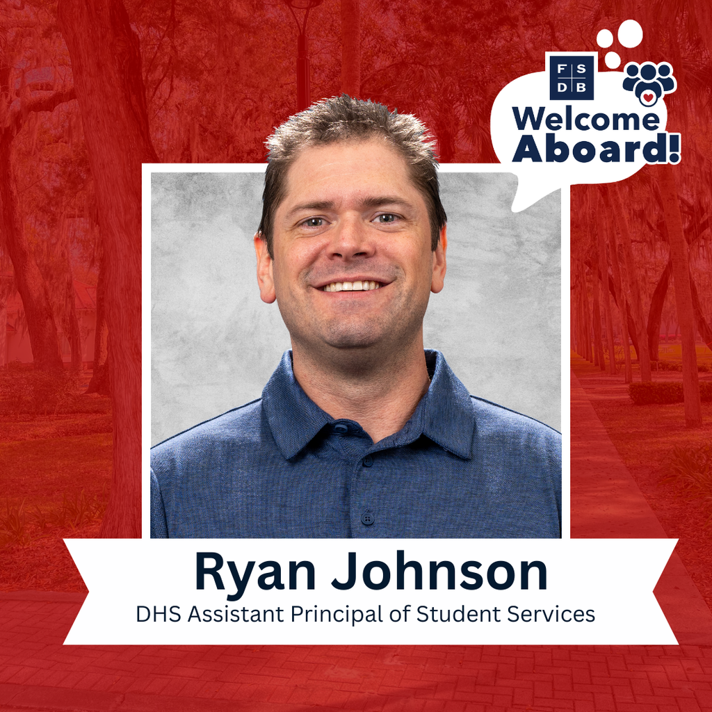 Red background with a photo of Ryan wearing a navy blue collar shirt smiling for his photo. Below the picture says "Ryan Johnson, DHS Assistant Principal of Student Services".