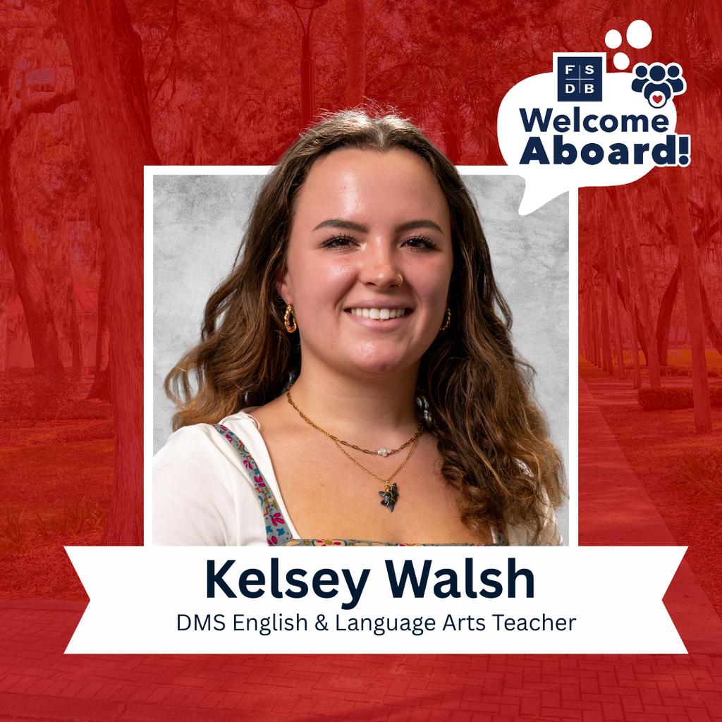 Kelsey is wearing a white short sleeve shirt with a floral dress smiling with a silver backdrop and red background. Below the photo says "Kelsey Walsh, DMS English & Language Arts Teacher"