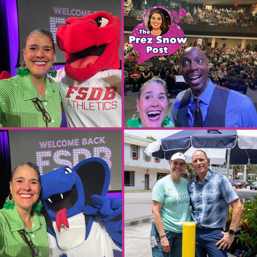 Four photo collage of President Snow taking selfies with the Cobra and Dragon mascot, Stand Stall Steve, and with her husband outside of FSDB.
