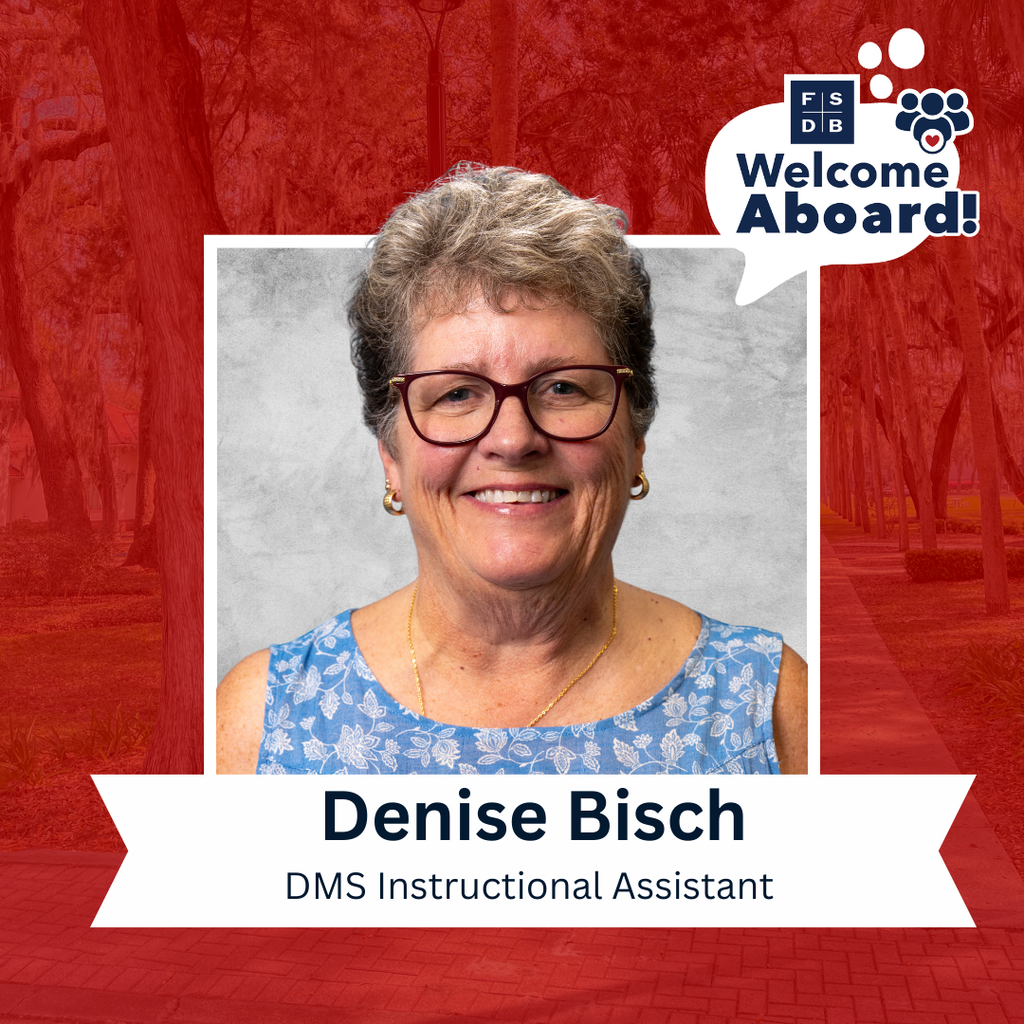 Denise is wearing a light blue with flower tank top smiling for her photo with a silver backdrop and red background. Below the photo says "Denise Bisch, DMS Instructional Assistant"