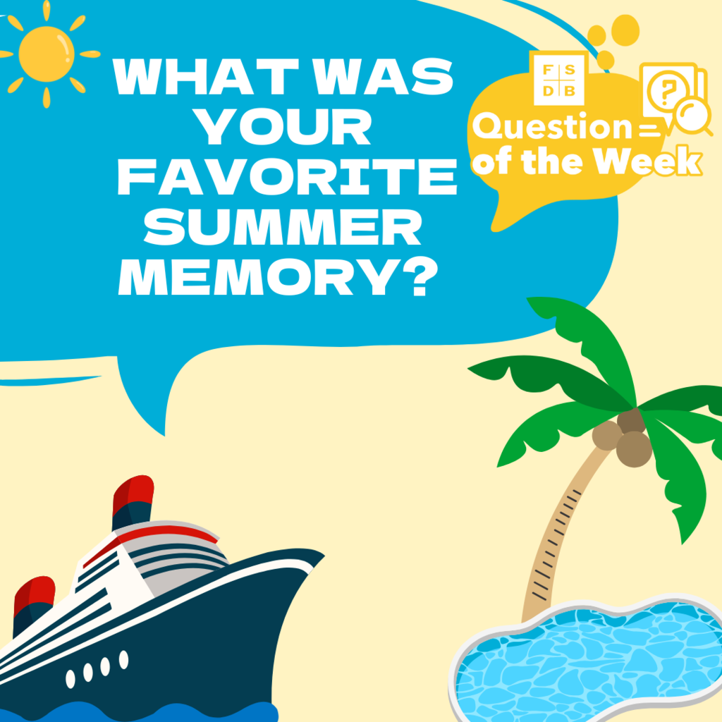 A light yellow background with a blue speech bubble that says "What was your favorite summer memory?" along with a sun, cruise boat, palm tree, and swimming pool graphic.