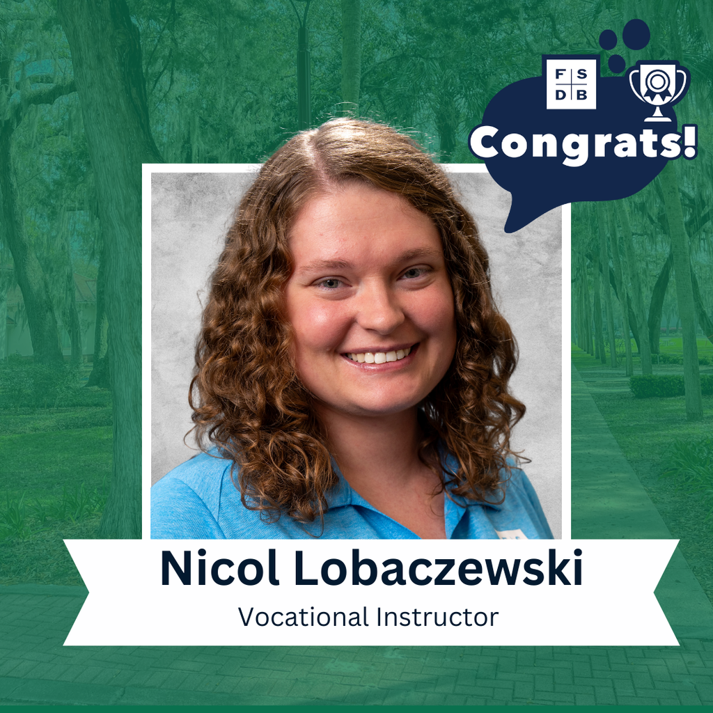 Nicol is wearing a blue collar shirt sleeve smiling for her photo with a silver backdrop and green background. Below the photo says "Nicol Lobaczewski, Vocational Instructor"