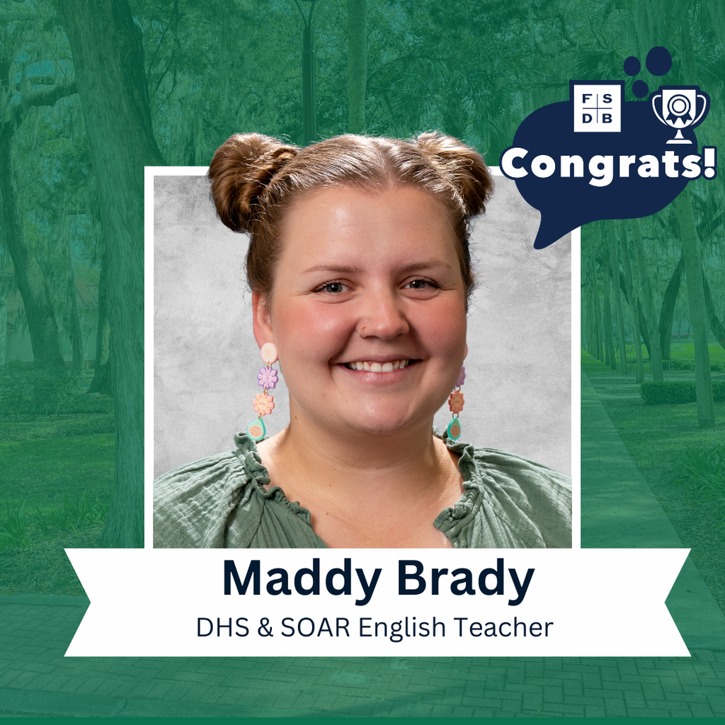 Maddy is wearing an olive green dress smiling for her photo with a silver backdrop and green background. Below the photo says "Maddy Brady, DHS & SOAR English Teacher"