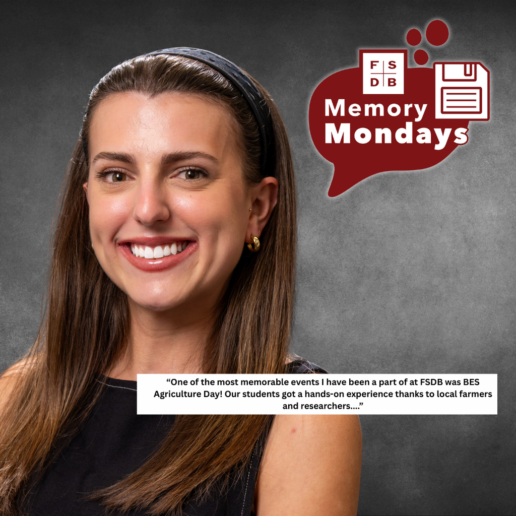 Madison is wearing a black tank top dress smiling for her photo with a light gray background. In the white text box says "One of the most memorable events I have been a part of at FSDB was BES Agriculture Day! Our students got a hands-on experience thanks to local farmers and researchers...."