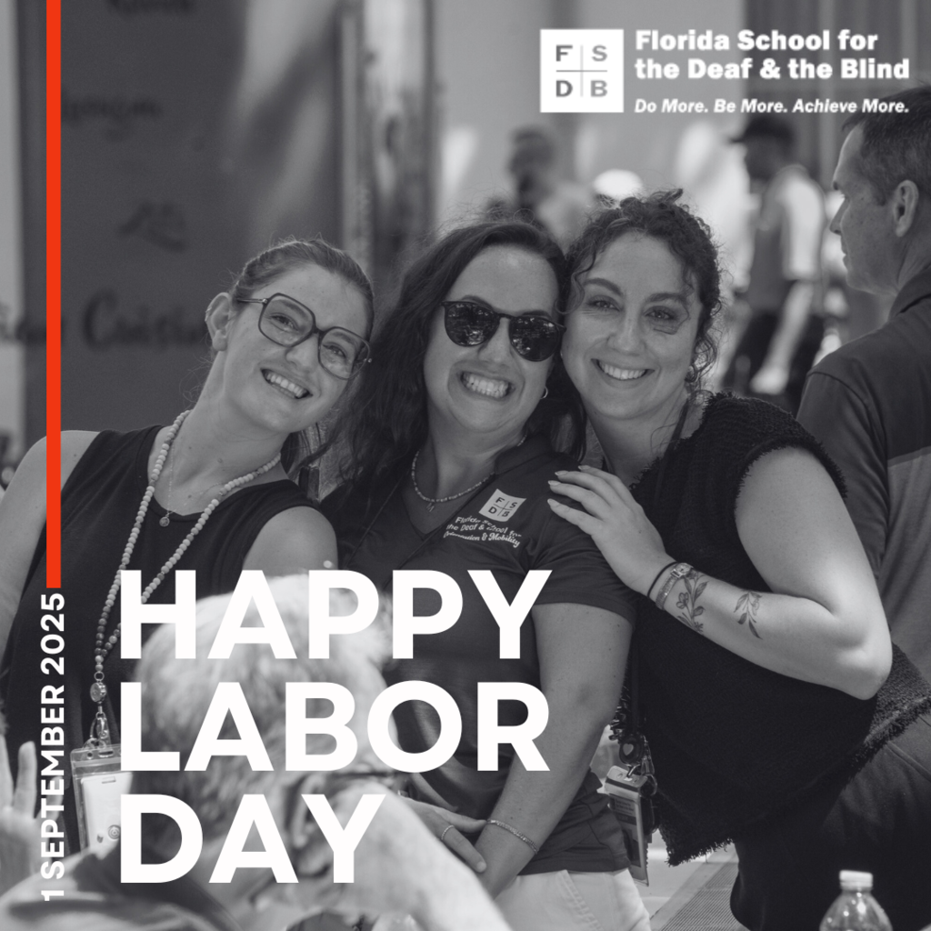 Black & White Photo of three staff members in the blind department smile together for a photo. On the left of the graphic says "1 September 2025 and Happy Labor Day"