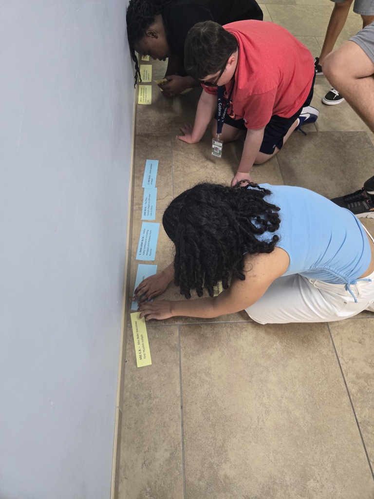 Students building their timeline on the hallway floor