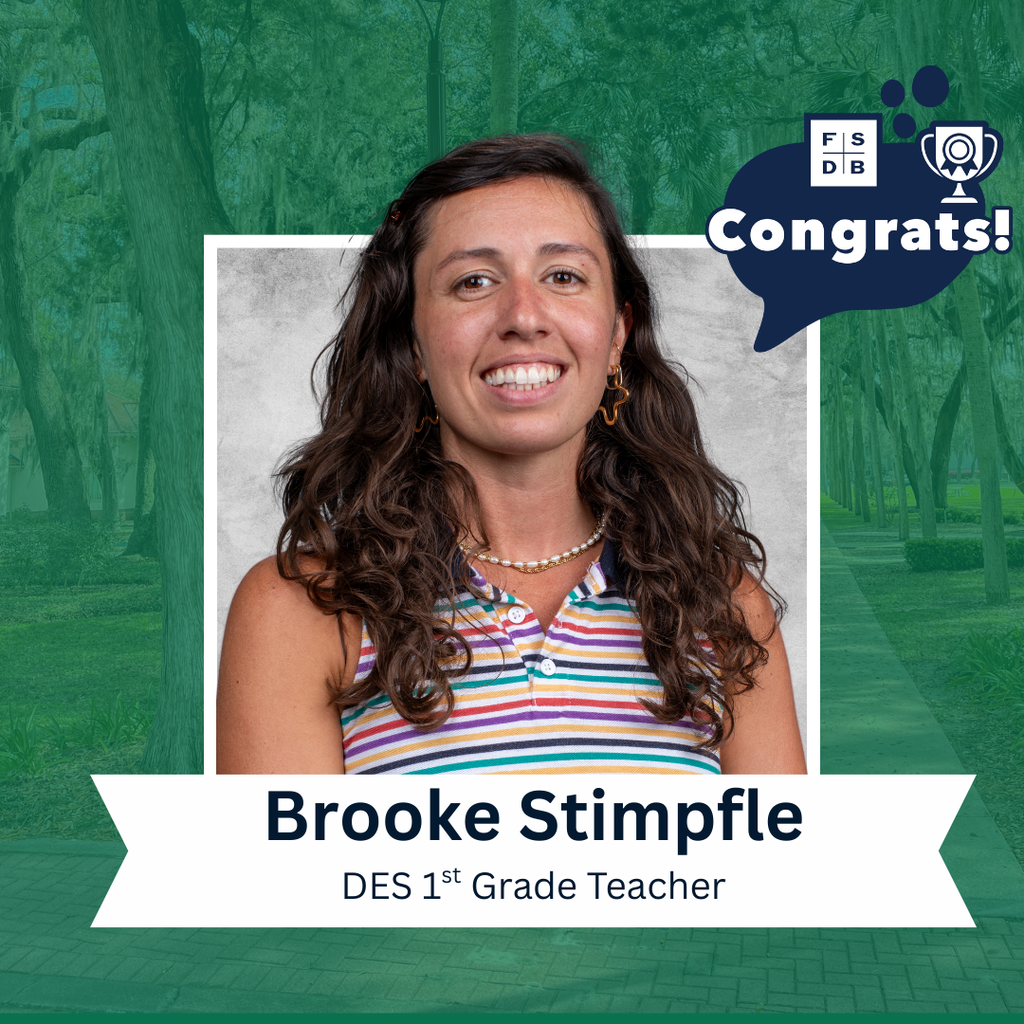 Brooke is wearing a rainbow color stripe tank top smiling for her photo with a silver backdrop and green background. Below the photo says "Brooke Stimpfle, DES 1st Grade Teacher"