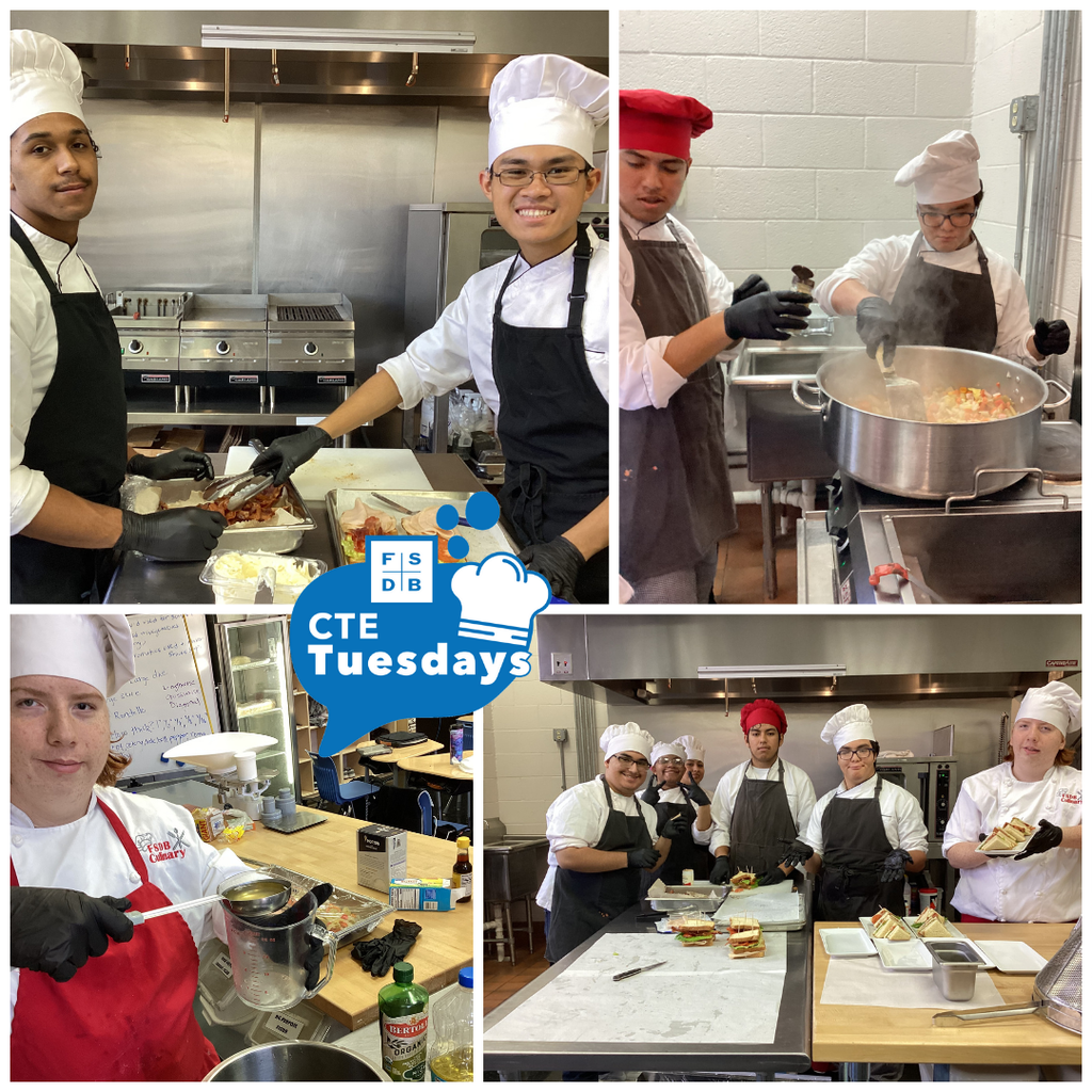 Four photo collage of culinary arts students wearing their chef apron and hat working on techniques in the kitchen. 
