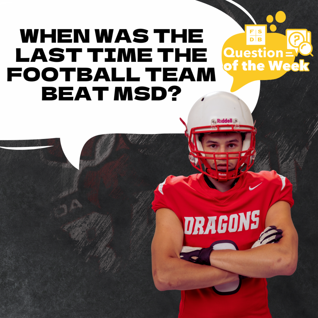 Photo of a football player crossing his arms for a photo with a speech bubble above him asking "When was the last time the football team beat MSD?"