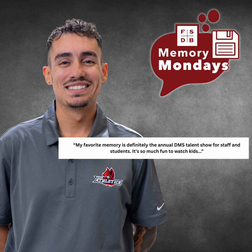 Christian is wearing the FSDB athletics collar shirt smiling for his photo with a white text box on the right side says "My favorite memory is definitely the annual DMS talent show for staff and students. It's so much fun to watch kids..."