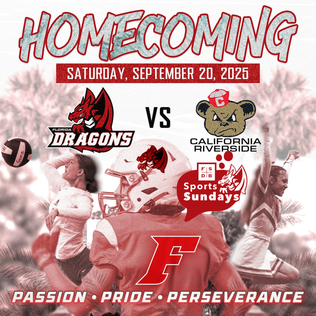 Flyer with a photo of a cheerleader, football and volleyball player. Above says "Homecoming, Saturday, September 20, 2025" with the Dragons and California Riverside logo.