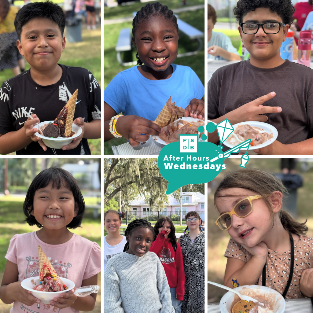 Six photos of FSDB students smiling with their ice creams outside of Palm Row. 