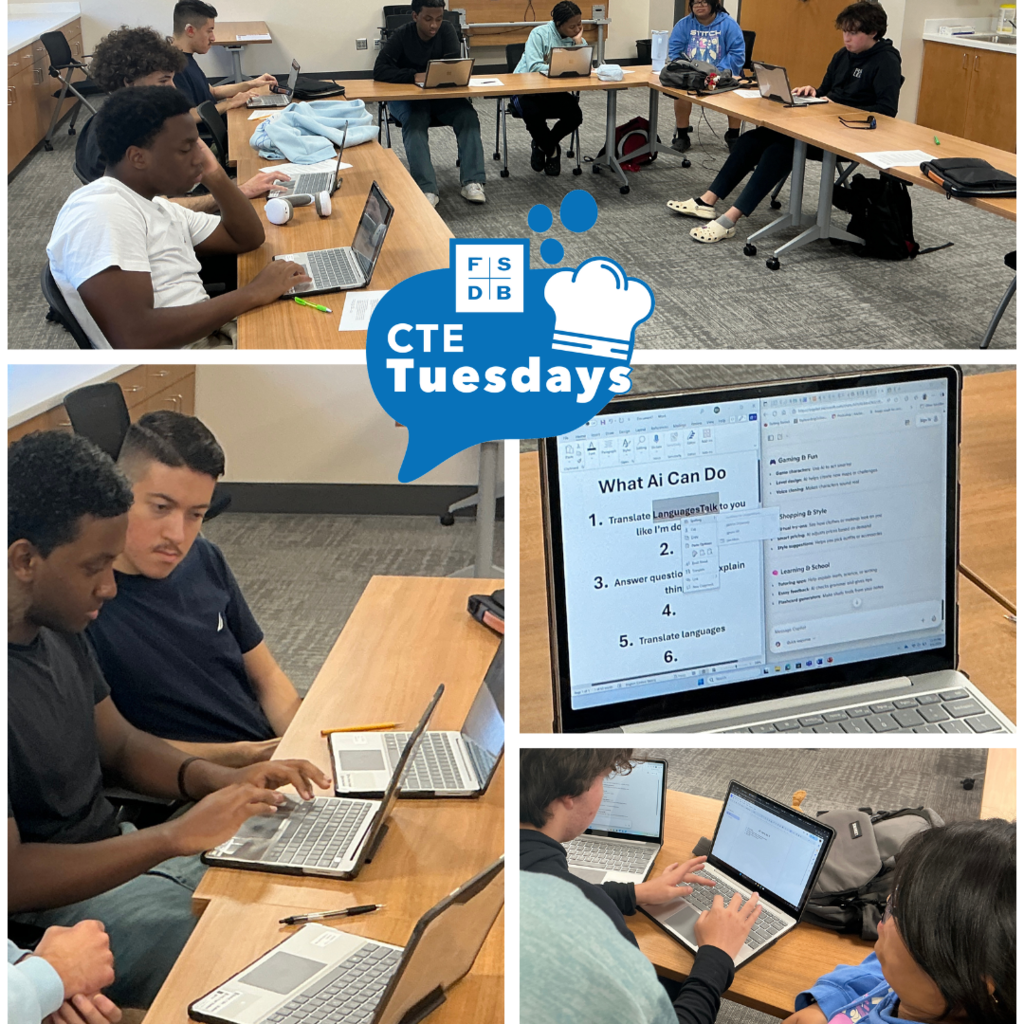 Four photo collage of SOAR students grouping up and learning about AI in the SOAR classroom. 
