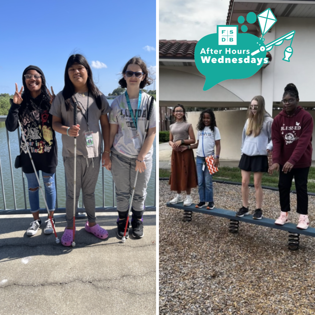 Two photo collage of blind residential students enjoying the weather outside by the water and park.