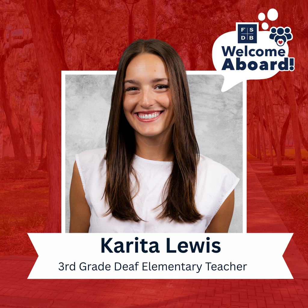 Karita is wearing a white short sleeve shirt smiling for her photo with a silver backdrop and red background. Below the photo says "Karita Lewis, 3rd Grade Deaf Elementary Teacher"