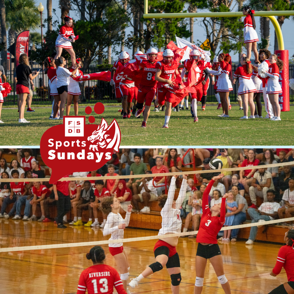 Top photo is the football team running through the red banner that the cheerleaders were holding on the field, and the bottom photo is an action shot of the volleyball teams playing inside Settles Gym. 