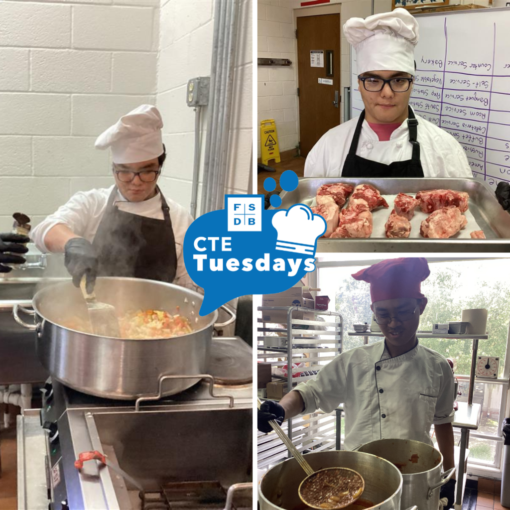 Three photo collage of culinary art students working on preparing and cooking various of meals this semester inside the kitchen.
