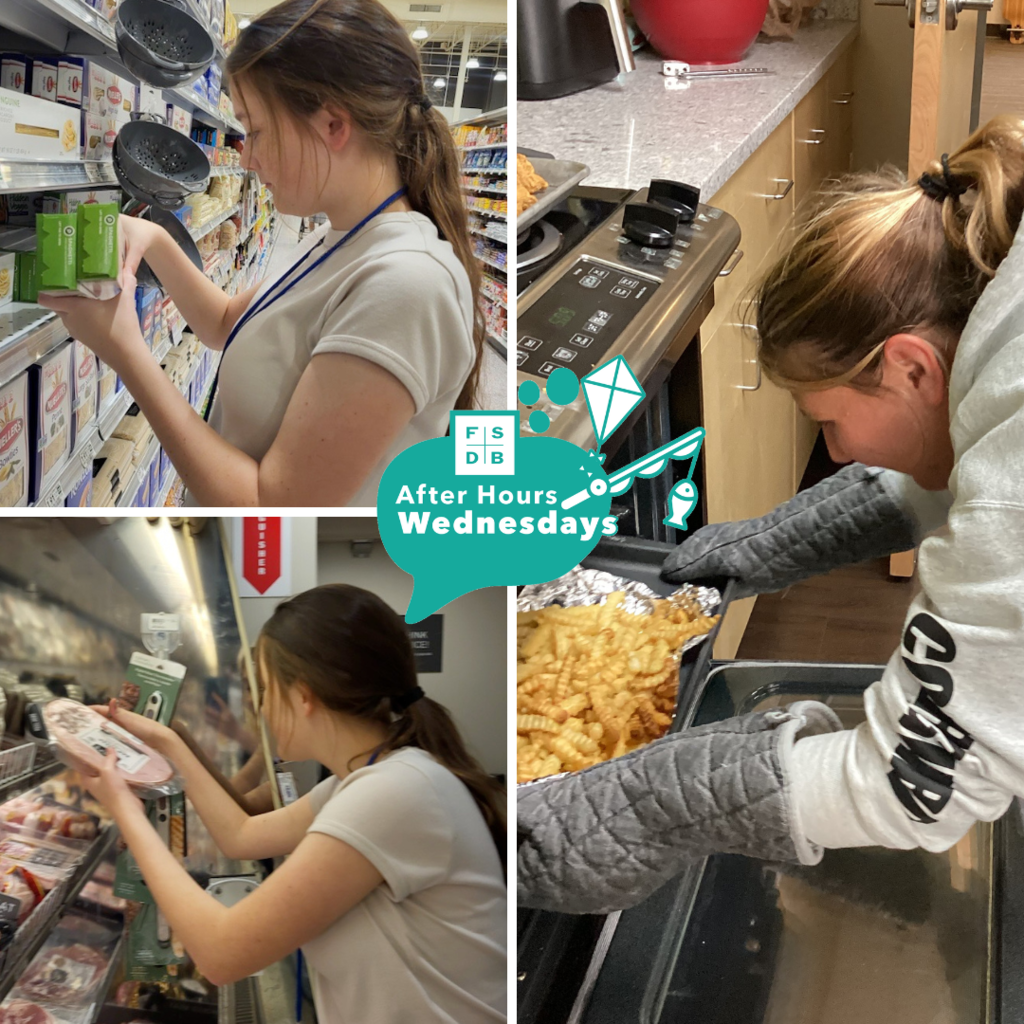 Three photos of blind juniors learning on their independence skills shopping in the grocery store and cooking food in the kitchen.