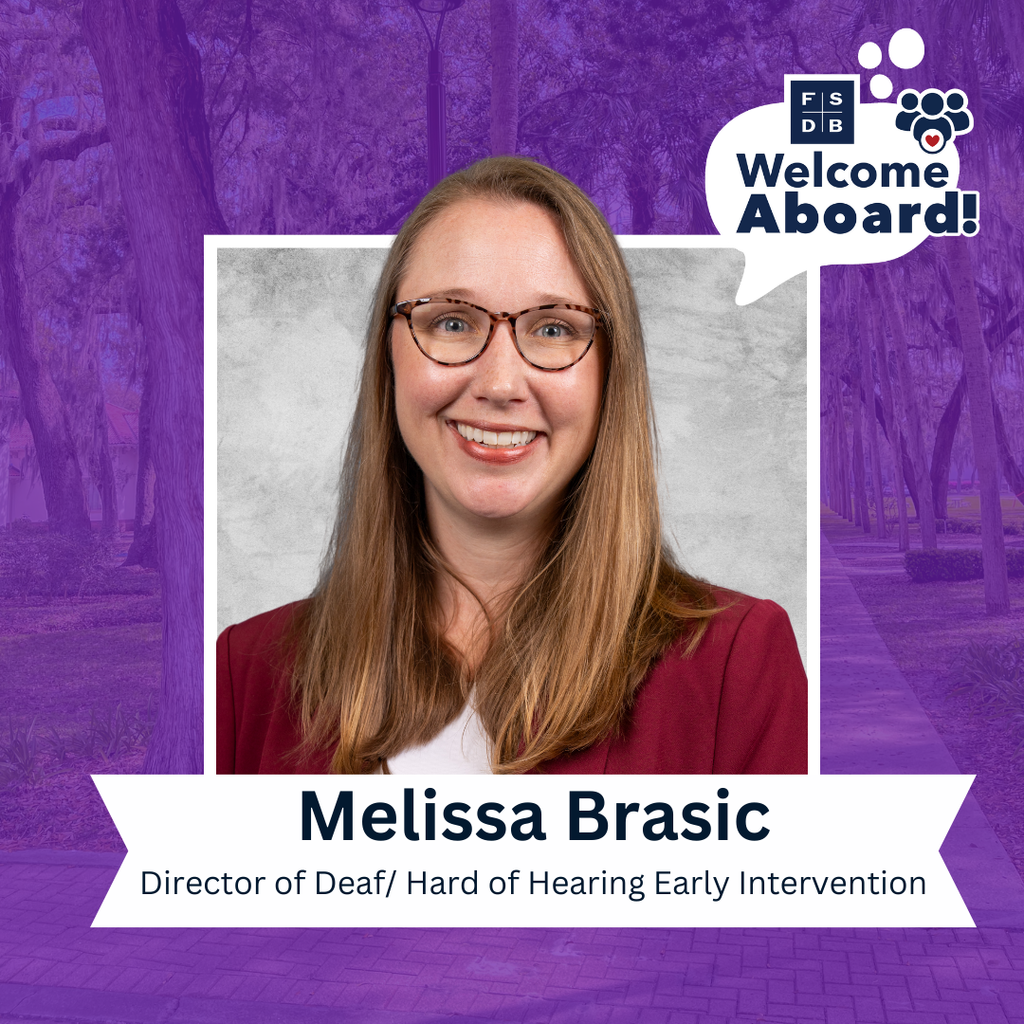 Melissa is wearing a maroon color suit smiling for her photo with a silver backdrop and purple background. Below the photo is a white textbox that says "Melissa Brasic, Director of Deaf/Hard of Hearing Early Intervention"
