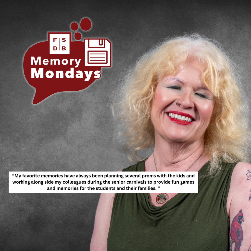 Margie is wearing an olive green shirt smiling for her photo with a black and white background. On the left side of her is a white textbox that says "My favorite memories have always been planning several proms with the kids and working alongside my colleagues during the senior carnivals to provide fun games and memories for the students and their families."