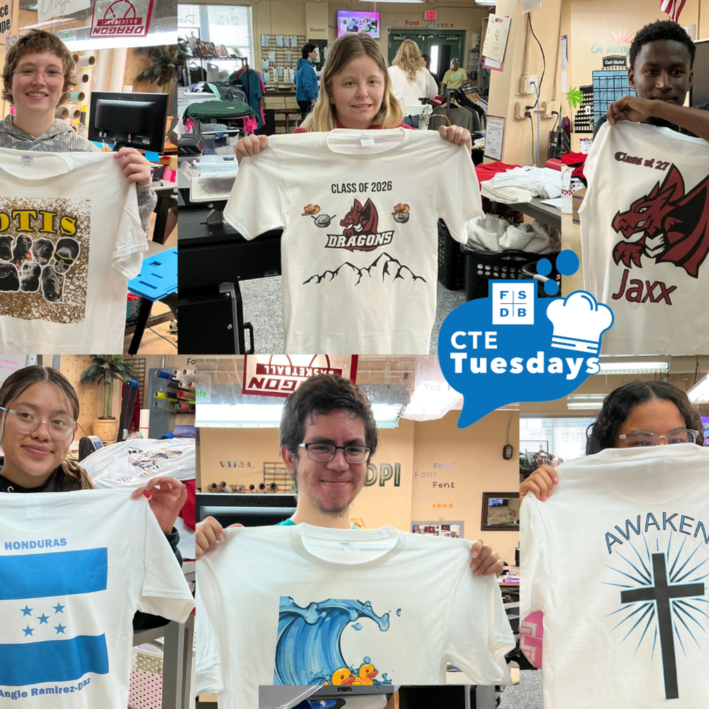 Six photo collage of six D&B Design students holding their white shirts with the design they created inside the D&B Designs classroom. 