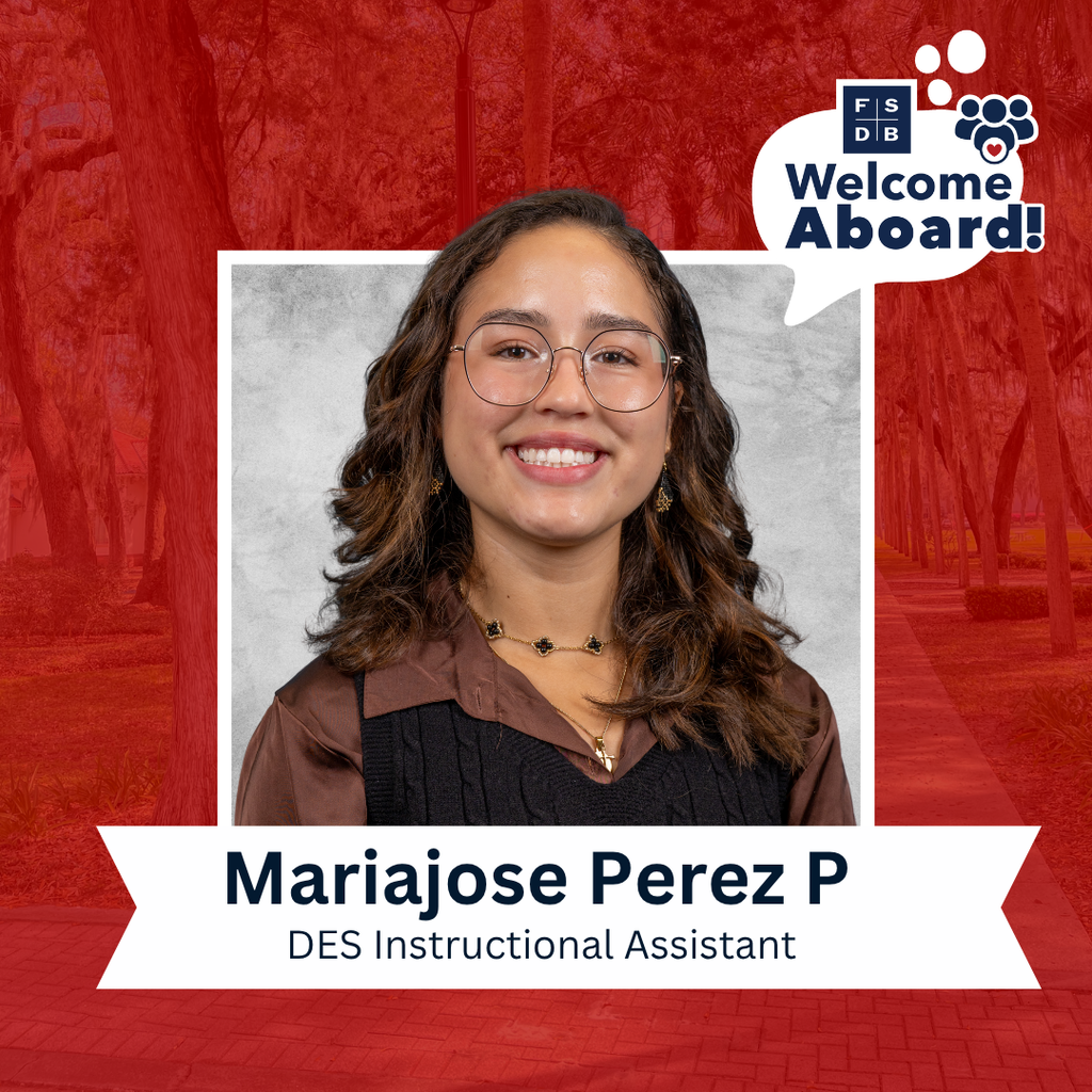 Mariajose is wearing a brown shirt with black vest smiling for her photo with a silver backdrop and red background. Below her photo is a white textbox that says "Mariajose Perez P, DES Instructional Assistant".