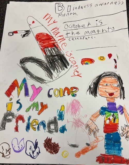 White Cane Day poster with drawings and a saying that reads, "My cane is my friend!"