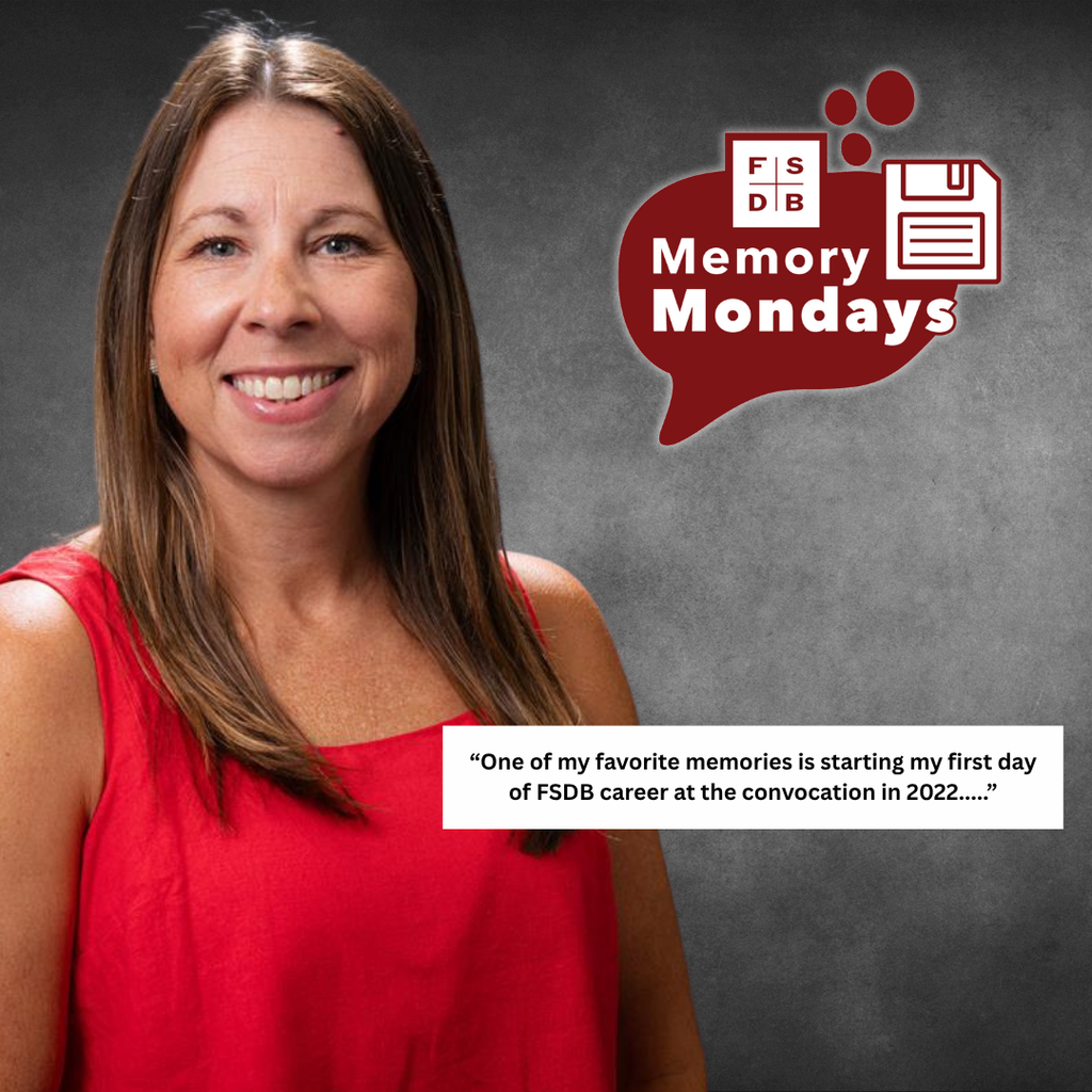 Jessica is wearing a red tank top smiling for her photos with a gray background. On the right side of the photo is a white text box that says "One of my favorite memories is starting my first day of FSDB career at the convocation in 2022..."