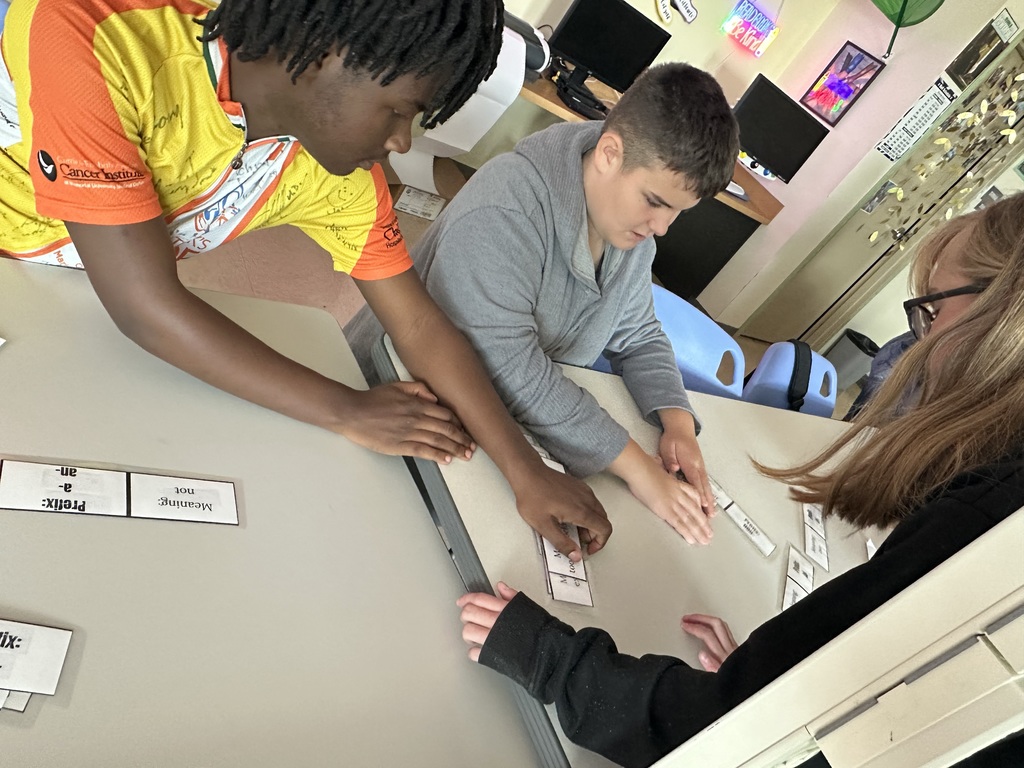 Derrick C, Brody, and Danaka E work together reading and moving the paper dominoes (with large print and braille).