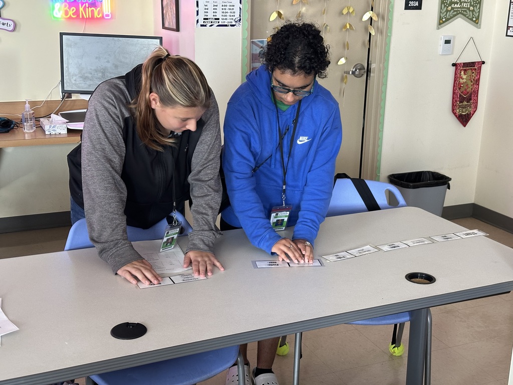Teagan and Alina work together reading and moving the paper dominoes (with large print and braille).
