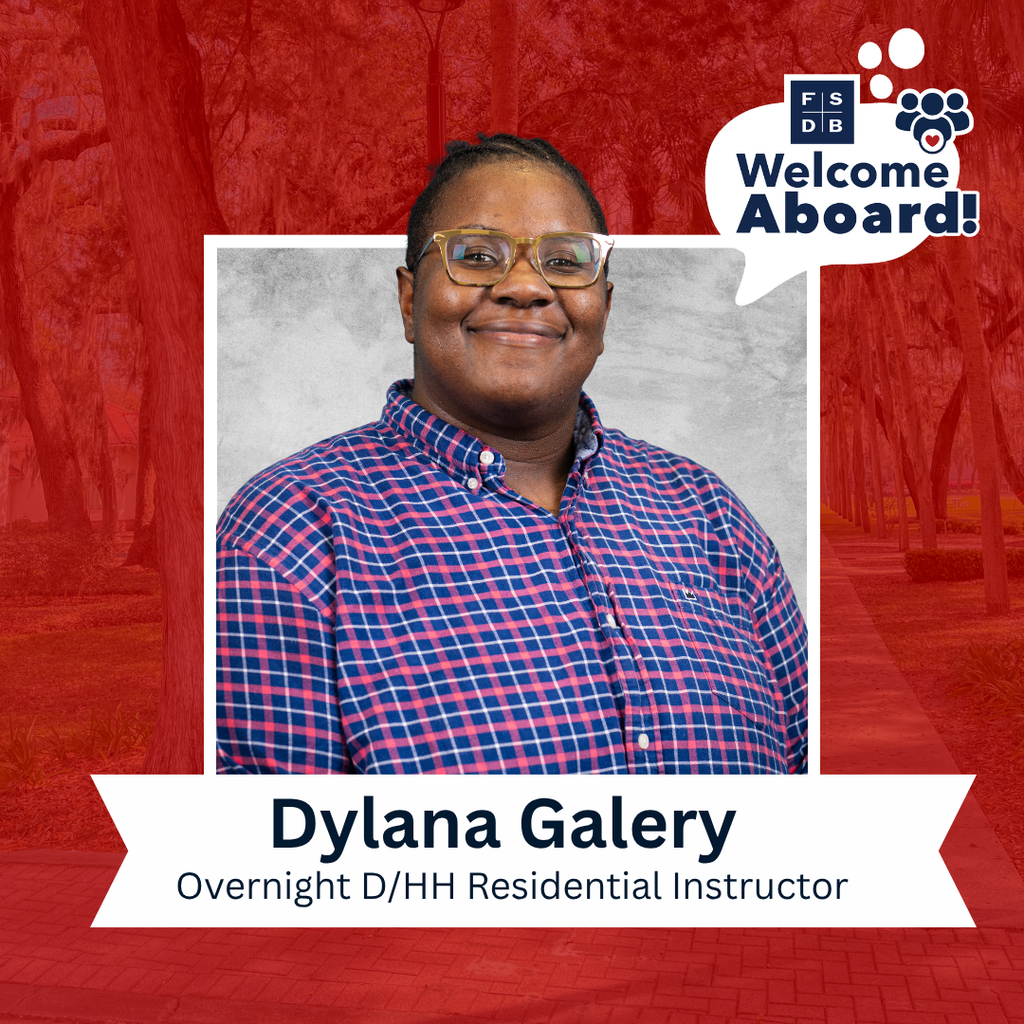 Dylana is wearing a pink and blue stripe collar shirt smiling for the camera with a silver backdrop and red background. Below the photo is a white textbox says "Dylana Galery, Overnight D/HH Residential Instructor"