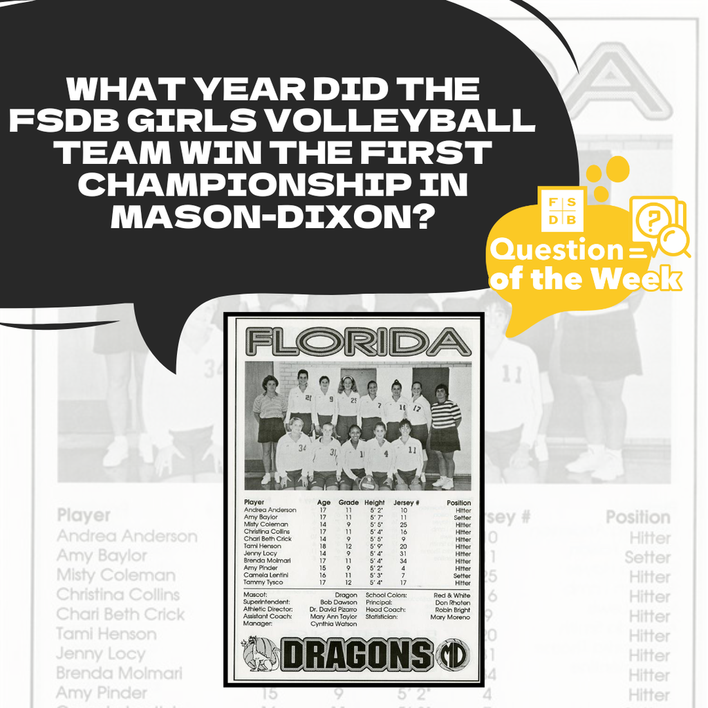 Photo of the volleyball team that won the Mason-Dixon tournament for the first time, with a black quote box that asks "What year did the FSDB girls volleyball team win the first championship in Mason-Dixon? "