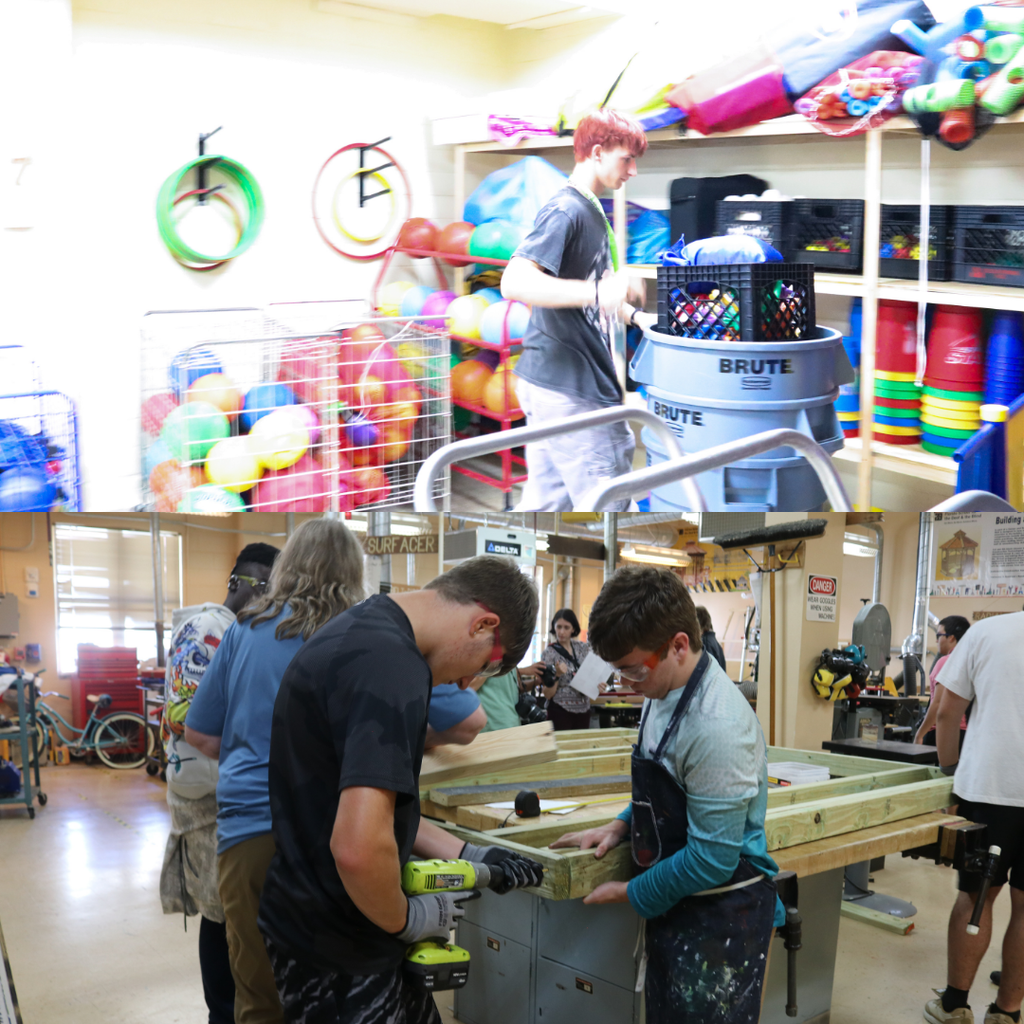 Two photo collage of students working in the woodshop and the athletics department. 