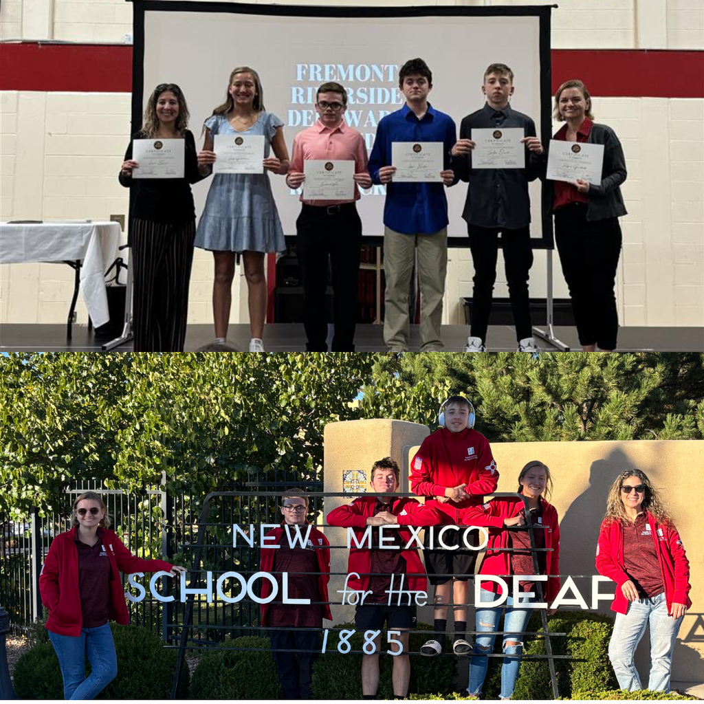 Two photos of the FSDB Jr. NAD group smile together with their certificate and the "New Mexico School for the Deaf" sign.