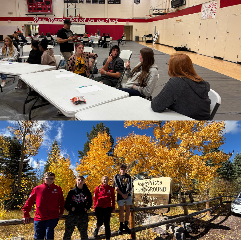 Two photos of the Jr. NAD group smiling outside with yellow trees, and inside a gym talking with fellow students. 
