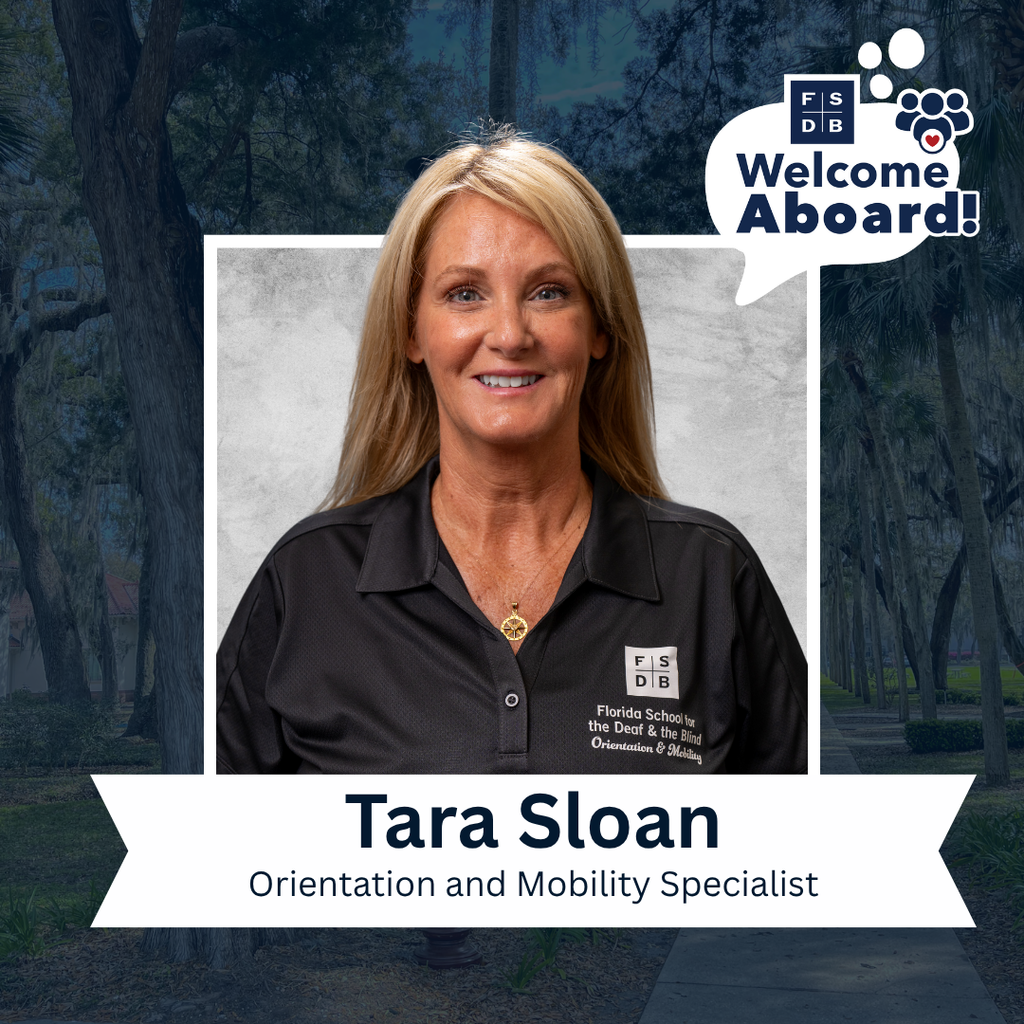 Tara is wearing a black collar shirt with the FSDB O&M logo on her right chest, smiling for the camera with as silver backdrop and blue background. Below the photo is a white text box that says "Tara Sloan, Orientation and Mobility Specialist" 