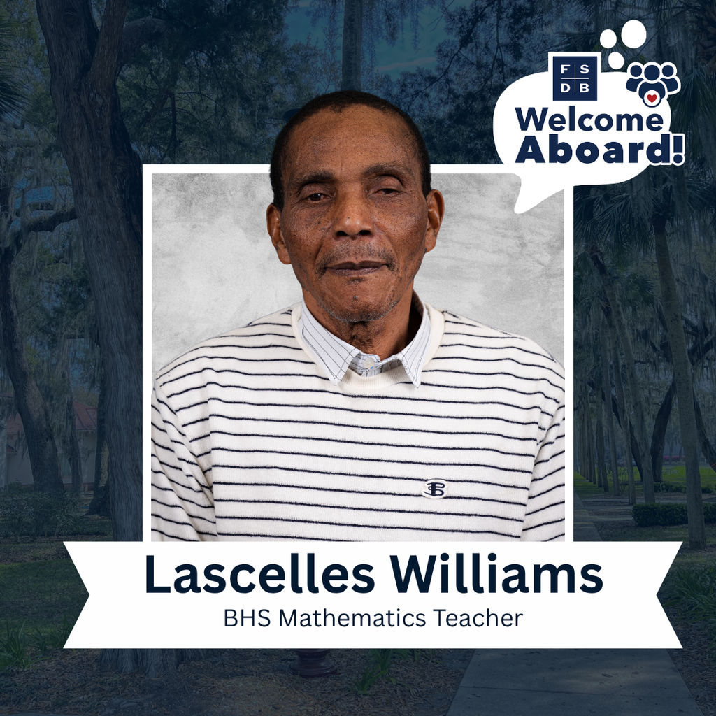 Lascelles is wearing a white and black striped shirt smiling for his photo with a silver backdrop and blue background. Below the photo is a white textbox that says "Lascelles Williams, BHS Mathematics Teacher"