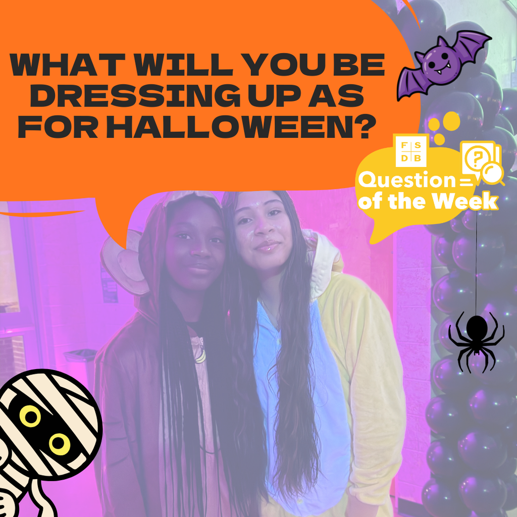 A faded photo of two students dressed up for halloween with a orange quote box that asks "What will you be dressing up as for halloween" with clip arts of a mummy, spider, and bat scattered around the photo. 