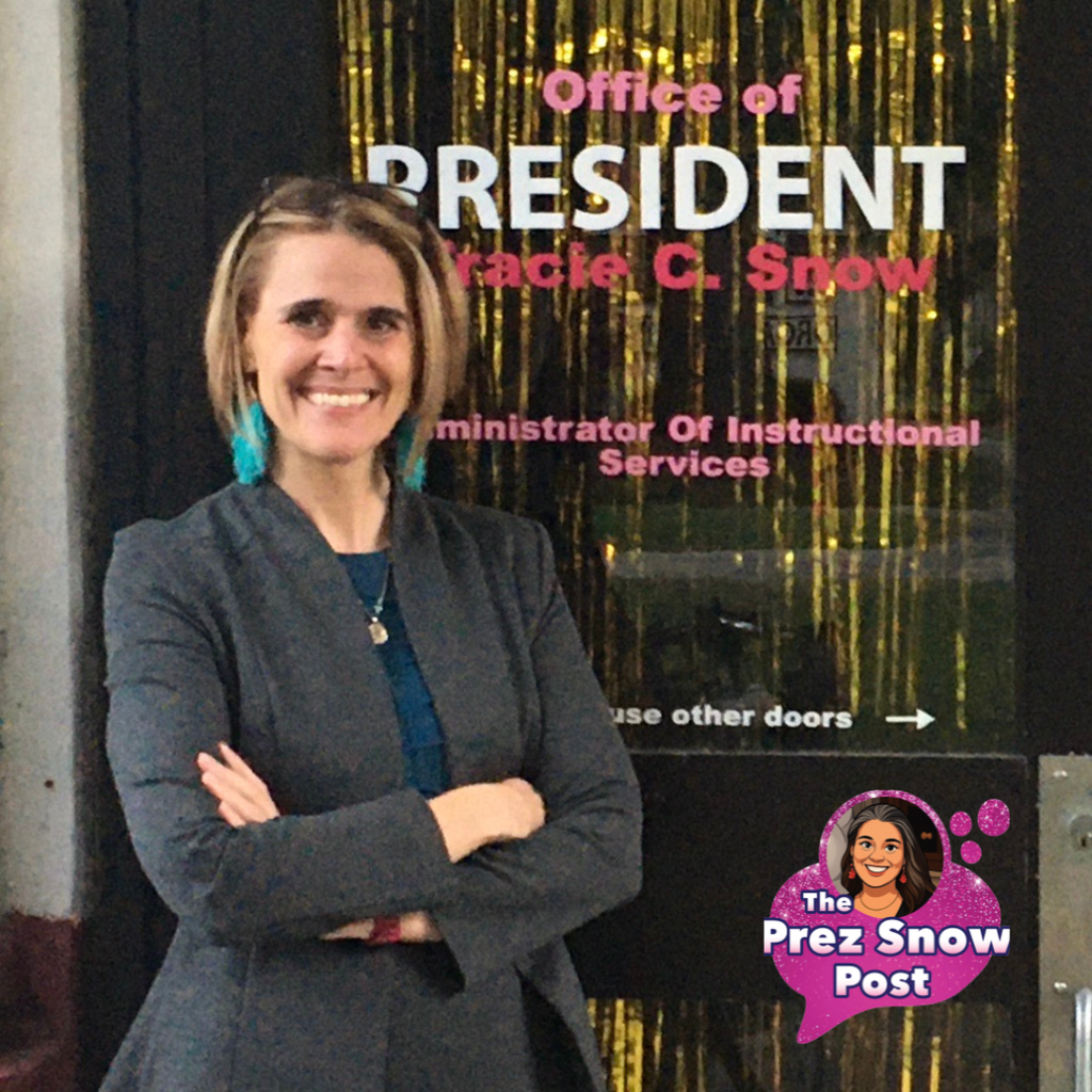 Photo of young Tracie when she first started working as president next to her door that says "Office of President Tracie C. Snow"