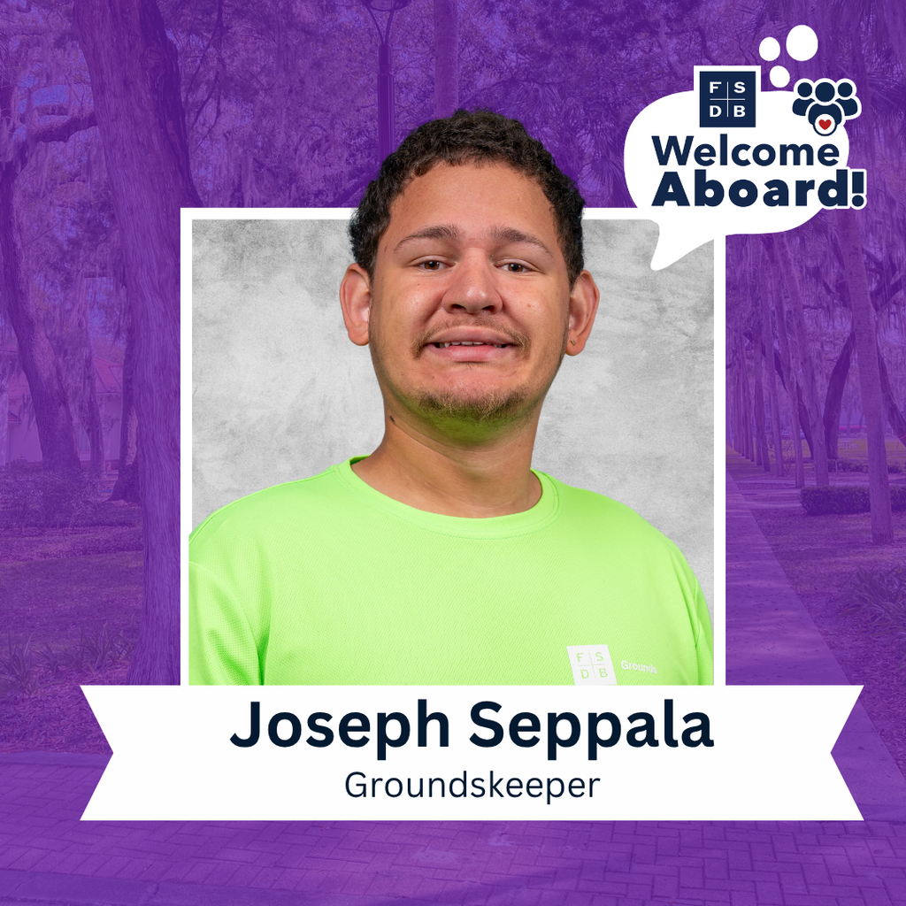 Joseph is wearing a neon yellow grounds shirt smiling for his photo with a silver backdrop and purple background. Below the photo is a white textbox that says "Joesph Seppala, Groundskeeper"