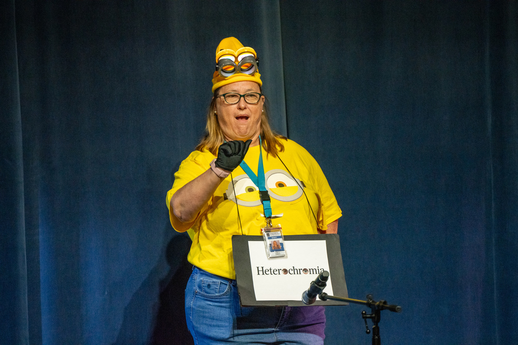 A student dressed up as a minion. 