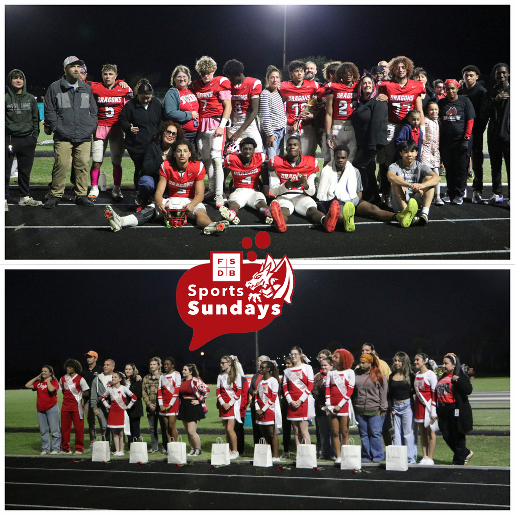 Two photos of the Senior Cheerleading & Football team members smile with family and staff on the field under spotlights.