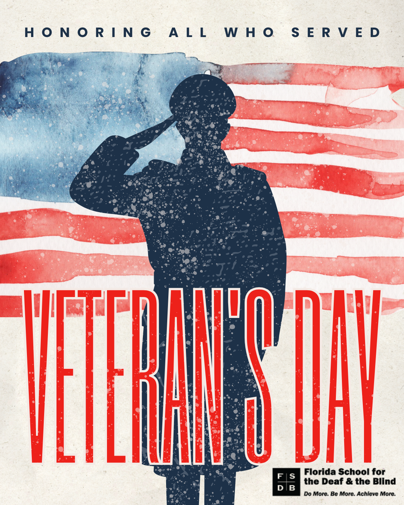 Watercolor paint of the United States flag with a solider, along with "Honoring all who served- Veteran's Day"