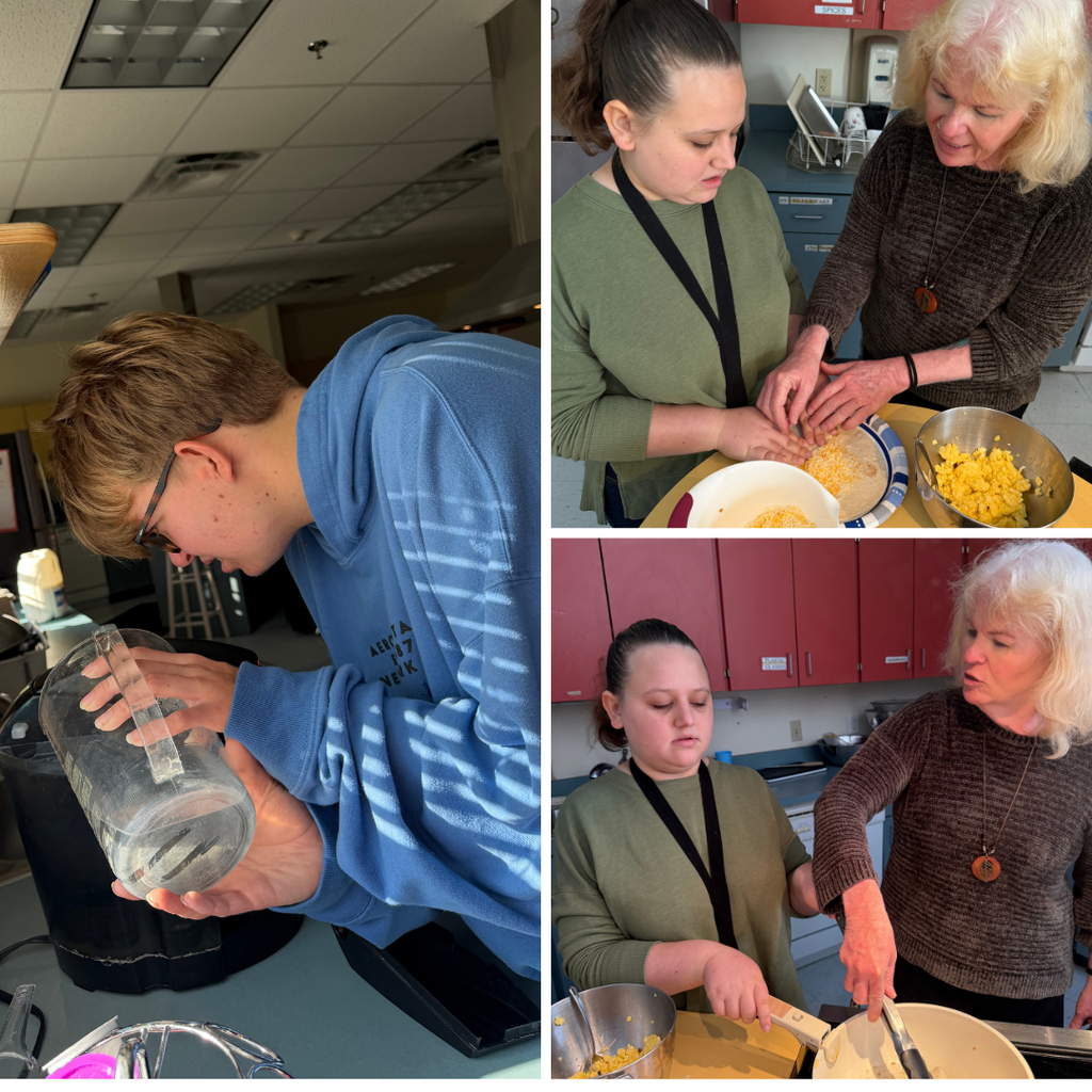 One photo of a student pouring water into the coffee maker and two photos of a student working with her teacher on making a breakfast burrito.