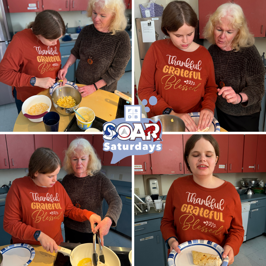 Four photos of a SOAR student working with her teacher on making a breakfast burrtio.