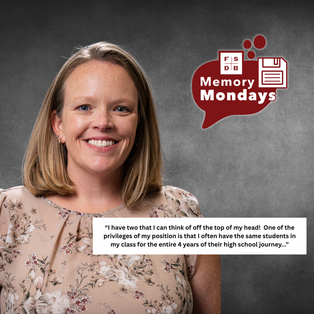 Brianna is wearing a tan color with flowers shirt smiling for her photo with a gray/back background. Below the photo is a white text box that says "I have two that I can think of off the top of my head! One of the privileges of my position is that I often have the same students in my class for the entire 4 years of their high school journey..."