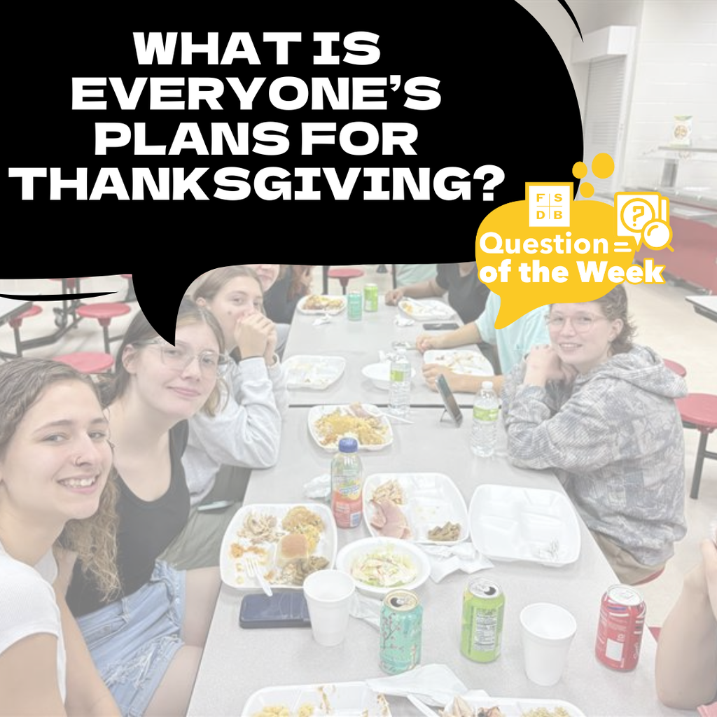 A faded photo of deaf high school girls eating thanksgiving meal inside the cafeteria, with a black quote box above "What is everyone's plans for thanksgiving?"