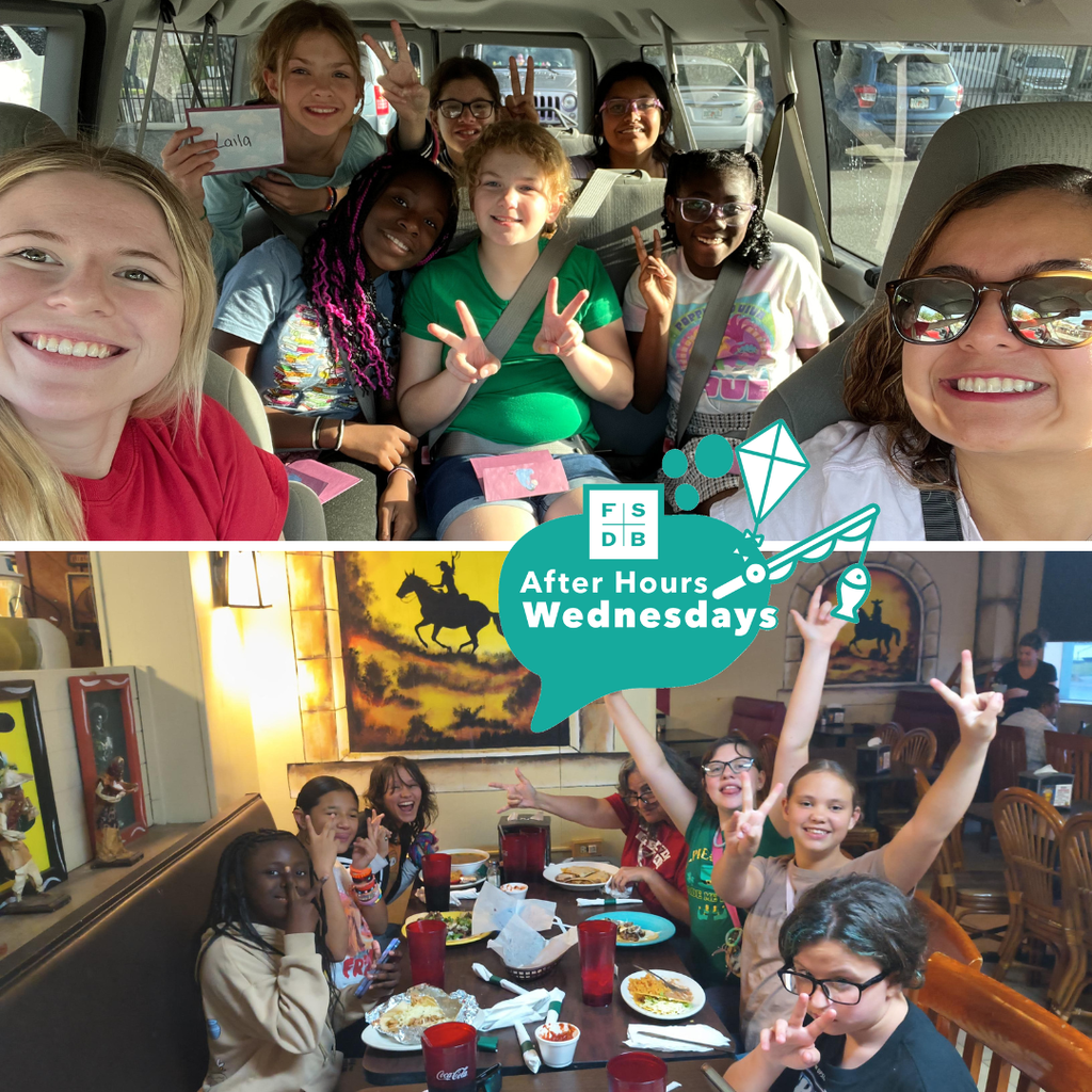 Top Photo: Two staff members take a selfie with Vaill Hall students inside the van. Bottom Photo: Group of Vaill Hall students smiling with their food inside the Mexican restaurant.